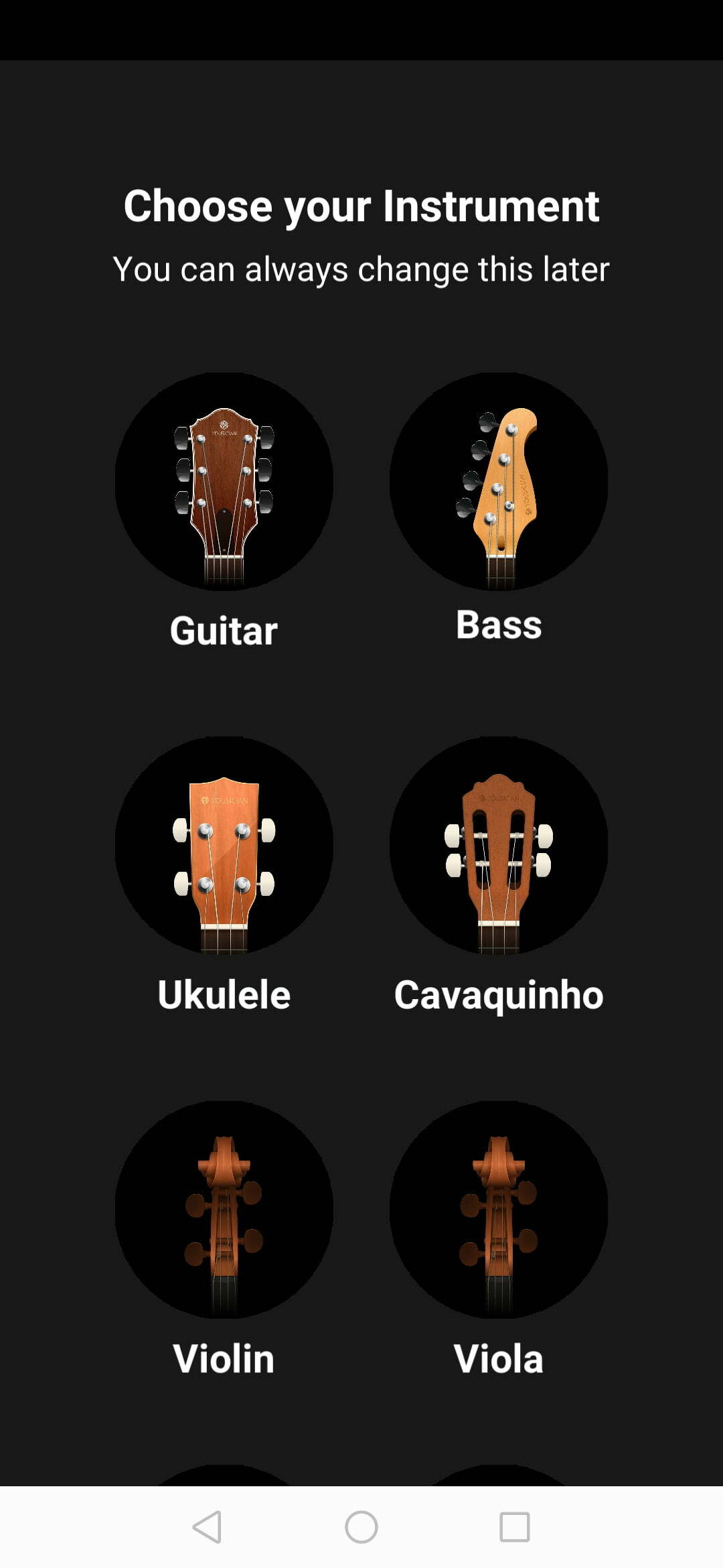 8-Nhấp vào biểu tượng vị trí đầu tiên có chữ "Guitar" ( Với phiên bản miễn phí này sau khi cài đặt các bạn còn có thể sử dụng app để lên dây đàn ukulele, guitar Bass và Cavaquinho. Đối với Violin và Viala thì các bạn cần trả phí hằng tháng để được sử dụng)