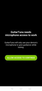 6-phần mềm guitartuna hỏi bạn cho phép sử dụng microphone của điện thoại để hỗ trợ trong quá trình lên dây. nhấp chọn "allow access to continue"